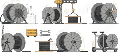 Industrial cable reel equipment vector set with factory machinery, wire spools, crane lifting cable drums and electrical industry tools flat illustration