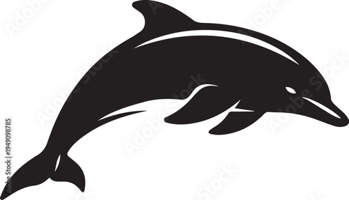 Black silhouette of a dolphin jumping, isolated on white background, vector graphic