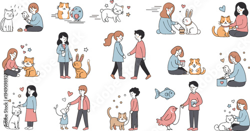 People caring for pets vector set featuring owners with cats, dogs, rabbits, birds and fish cute lifestyle illustration collection