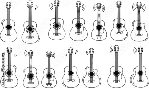 Acoustic guitar outline vector set with musical sound waves and notes minimal line art collection of classic string instruments illustration