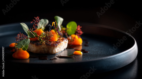 gourmet fine dining dish with seared fish and vibrant vegetables, artistic gourmet plating with microgreens and colorful sauce on black plate, modern haute cuisine dish with elegant restaurant present