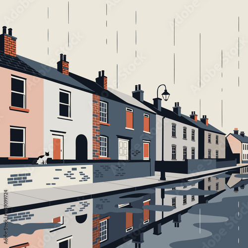 A serene and peaceful illustration of a row of colorful houses along a canal on a rainy day