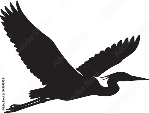 Silhouette of a flying heron bird with wings spread with wading bird with isolated 