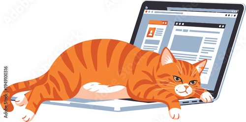 A cute young orange tabby kitten with beautiful eyes and furry paws sits looking at a laptop while a small mouse rests nearby in this funny domestic pet portrait isolated on white