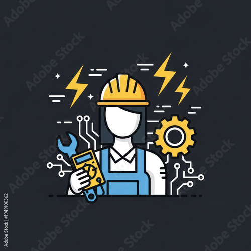 Illustration of a construction engineer using tools with gears and circuits.