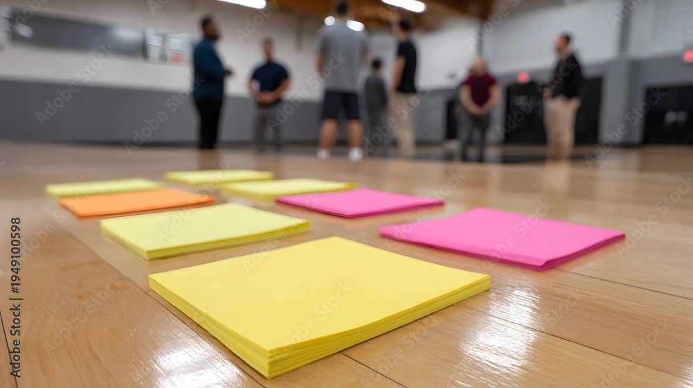 Obraz premium Vibrant sticky notes arranged on a gymnasium floor suggesting a collaborative brainstorming or planning session among a blurred group of people