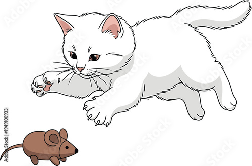 Vector illustration of a cute cartoon cat with a dog, mouse, and kitten, featuring funny feline pets in a flat art drawing isolated on white