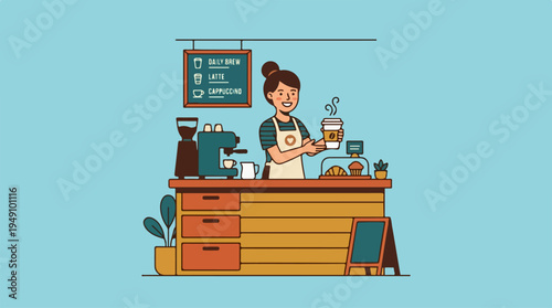 Friendly Barista Serving Coffee in a Cozy Cafe.