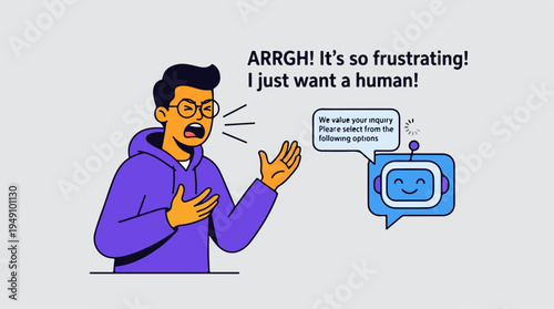 Frustrated man yelling at a chatbot, expressing desire for human interaction.