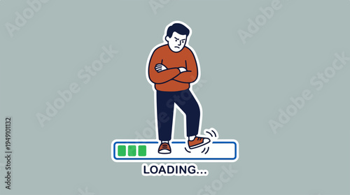 Frustrated man impatiently waiting for a loading bar to complete.