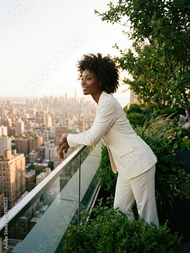 Woman enjoys city view from rooftop garden during sunset