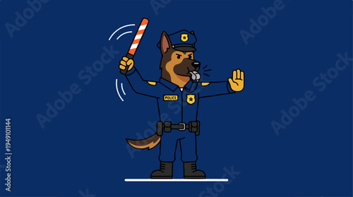 German Shepherd Police Dog Directing Traffic with Stop Sign and Baton, Cartoon Illustration.