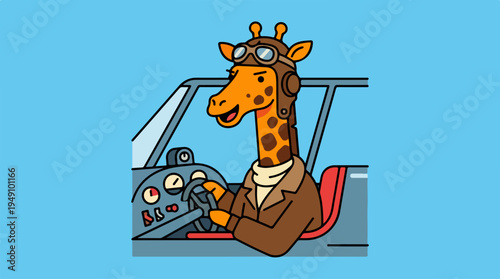 Giraffe Pilot Driving Car Illustration.