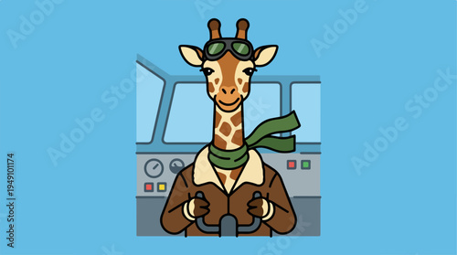 Giraffe pilot in an airplane cockpit wearing goggles and a scarf.