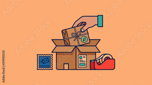 Hand placing a small package into a larger cardboard box, with a postage stamp and tape dispenser nearby, illustrating shipping and delivery services.