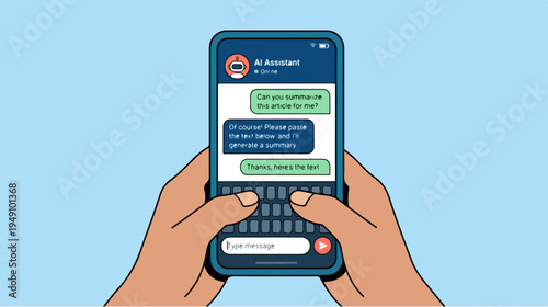 Hands holding smartphone and typing a message on a chat app.