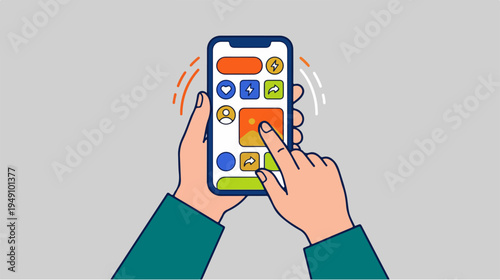 Hands interacting with a smartphone displaying various app icons.