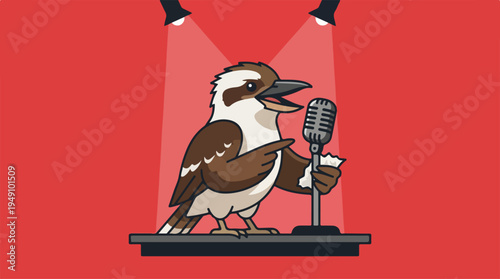 Kookaburra bird singing on stage under spotlights.