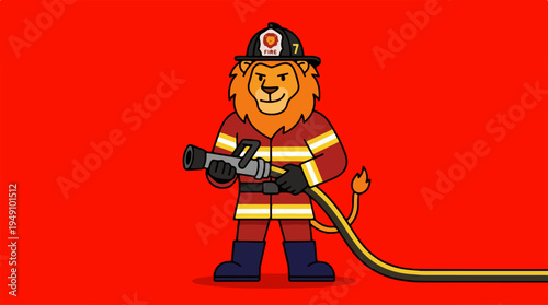 Lion Firefighter Mascot Holding Hose on Red Background.