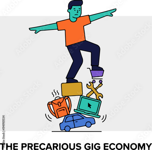 Man balancing on various objects representing the precarious gig economy.