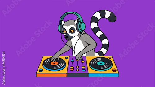 Lemur DJ mixing music on turntables with headphones.