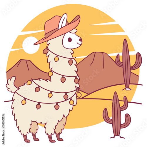 Bashful Alpaca with wrapped in fairy lights, set in a charming Desert sunset theme – Sundown Glow color vector art
