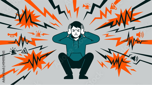 Man covering ears due to loud noise and stress.
