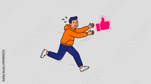 Man chasing a like button, representing the pursuit of social media validation and online approval.