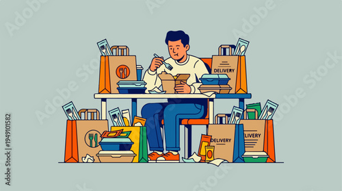 Man diligently organizing and packing items at a desk surrounded by bags.