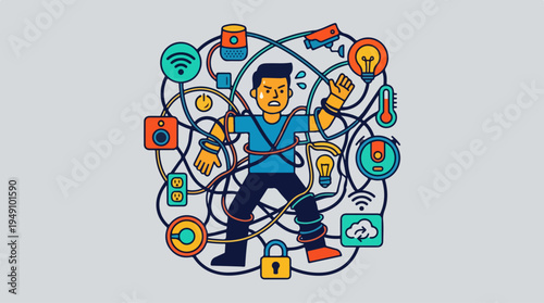 Man entangled in a complex web of smart home devices and internet of things connections.