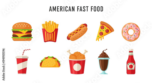 Ten illustrations of American fast food items displayed in two rows