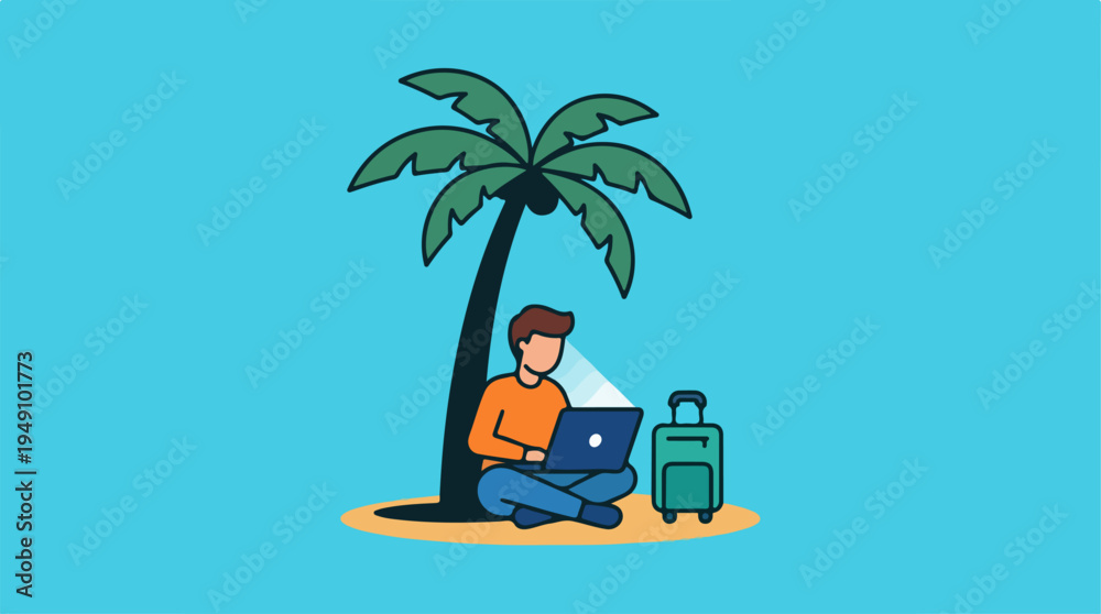 Fototapeta premium Man working remotely on laptop under palm tree on a tropical island.