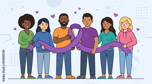 Diverse group of people holding purple ribbon together outdoors in unity