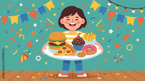 A smiling girl holds a plate of fast food at an outdoor celebration with colorful decorations and confetti.
