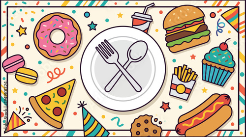 A colorful illustration of various foods and utensils on a plate surrounded by donuts, burgers, and fries.