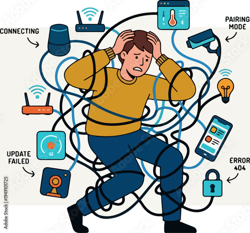 Man tangled in smart home device wires, frustrated with technology issues.