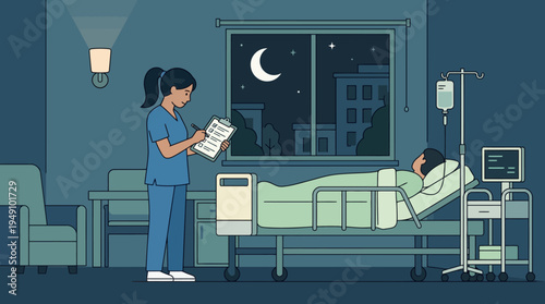 Nurse reviews patient's chart beside hospital bed at nighttime in a room.