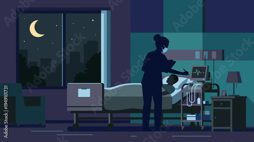 Nurse tends to a patient in a hospital room at night with a cityscape view.