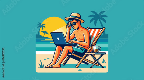 Man working on laptop at beach during sunset.