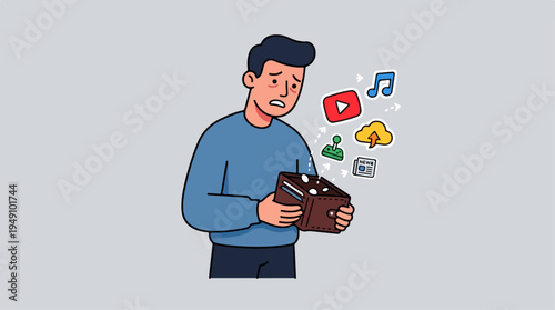 Man with empty wallet and digital icons representing subscription services.