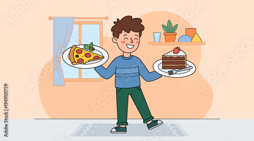 Man holds pizza and chocolate cake in kitchen with window