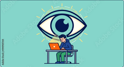 Man working on laptop with a large eye watching over him, symbolizing surveillance and privacy concerns.