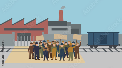A group of workers protesting near a factory with a train passing by