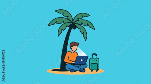 Man working remotely on laptop under palm tree on a tropical island.