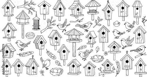 Collection of whimsical birdhouses and bird themed illustrations isolated on transparent background