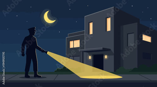 Man shining flashlight on house at night.