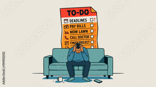 Overwhelmed Man Sits on Couch with Giant To-Do List Looming Over Him.