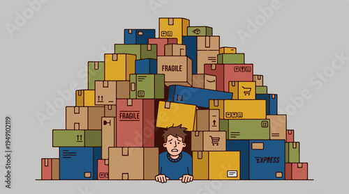 Overwhelmed person buried under a huge pile of cardboard boxes.