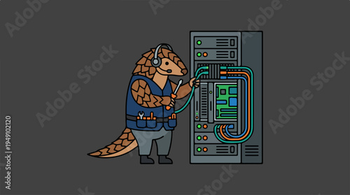 Pangolin IT Technician Working on Server Rack with Cables.