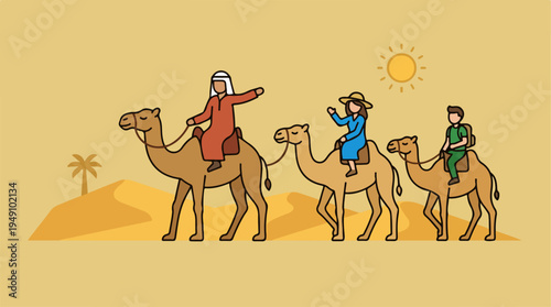 People riding camels across a desert landscape under the sun.